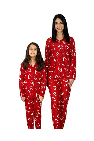 YusGos Mother Daughter Combination Front Buttoned Baby Collar 100% Cotton Heart Patterned Pajama Set (Red)