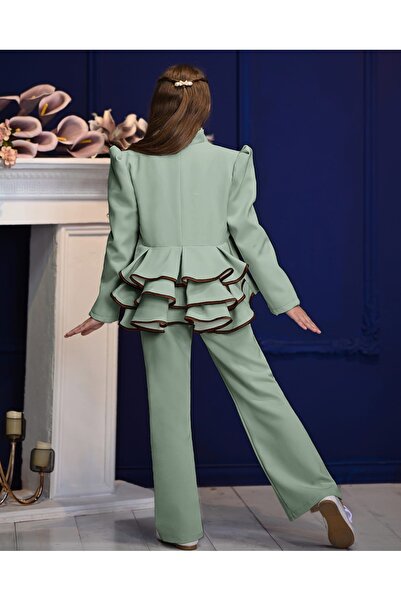 By Feyza Kids Collection By Feyza Kız Çocuk 3'lü Takım,Volan Detaylı Ceket,Fularlı Gömlek,Yırtmaçlı Tulum Kombin 5-13 Yaş