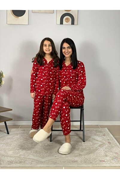 YusGos Mother Daughter Combination Front Buttoned Baby Collar 100% Cotton Love Patterned Pajama Set (Red)