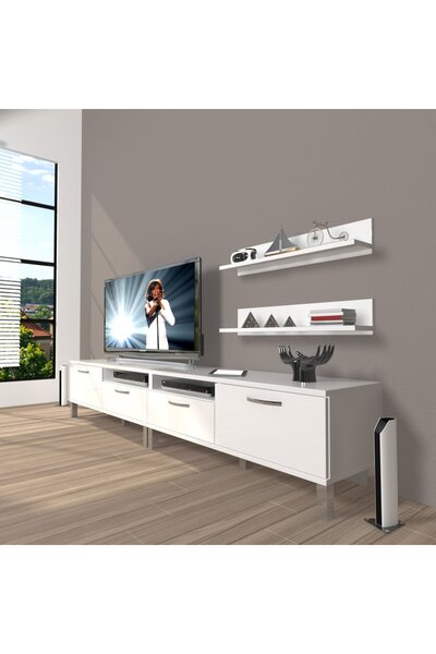 Decoraktiv Eko 200r Mdf Krom Ayaklı Tv Ünitesi Tv Sehpası - Parlak Beyaz