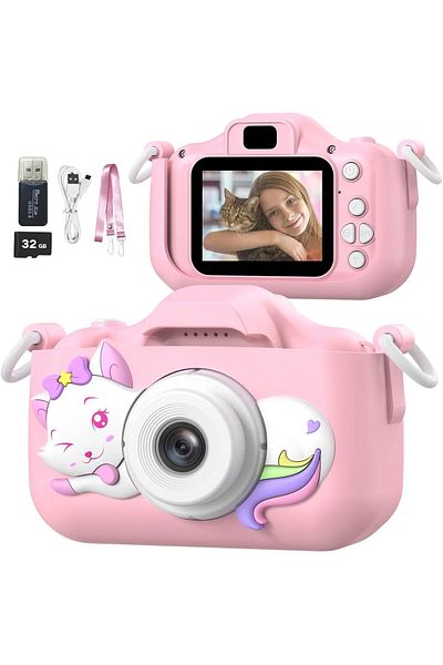 AHW Kids Camera, Digital Video Camera with Silicone Cover, Gift for Ages 3-12, Portable (Cat Pink)