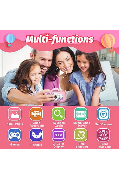 AHW Kids Camera, Digital Video Camera with Silicone Cover, Gift for Ages 3-12, Portable (Cat Pink)