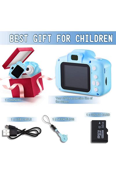 AHW AWH Kids Camera 1080P HD Camcorder for 3-8, Cartoon Silicone Cover, 32GB SD Card, Blue