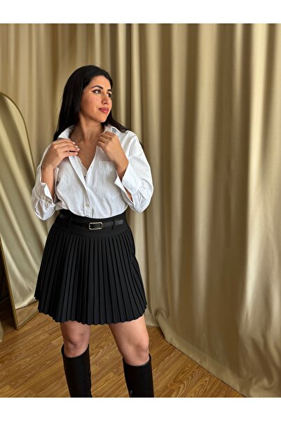 NO BRAND Kadın Piliseli Kemerli Kısa Şort Etek