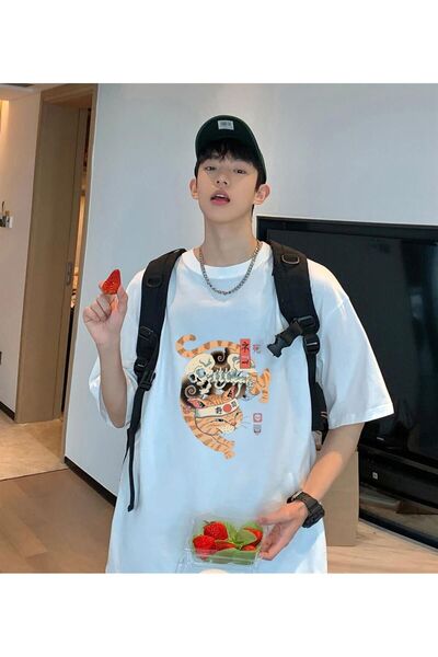 HOFFNUNG هيكل عظمي القط الأبيض للجنسين تي شيرت كبير الحجم