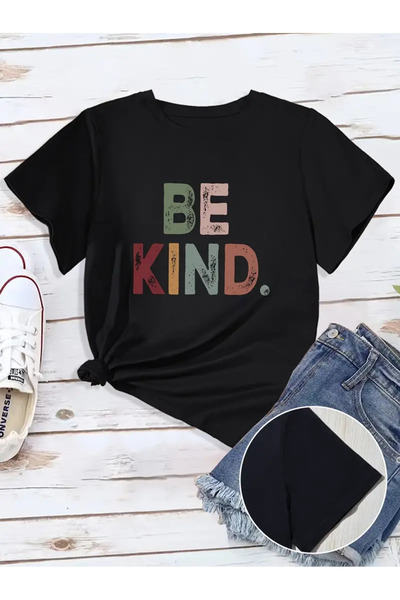 Nebulaa Tekstil تي شيرت كبير الحجم مطبوع برقبة دائرية للجنسين BE KIND