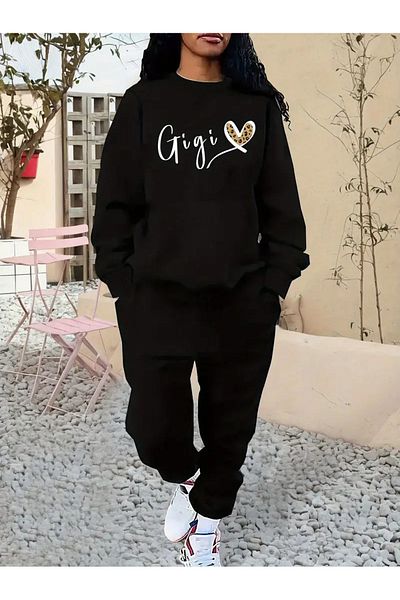 Frisson Gigi Printed Crew Neck Bottom Top Set Oversize Tracksuit Set