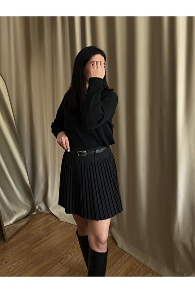 NO BRAND Kadın Piliseli Kemerli Kısa Şort Etek