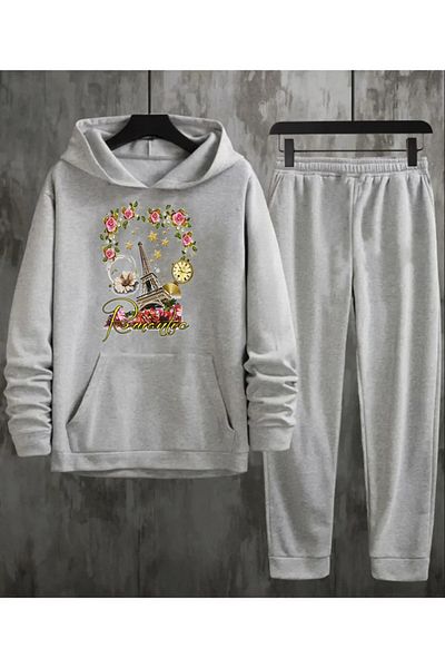 Frisson ?طقم بدلة رياضية رومانسية سويت شيرت Jogger - هوديي بشريط كبير الحجم مطبوع