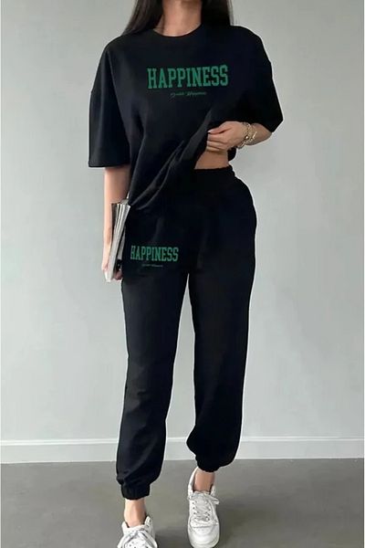Elfa Tekstil Σετ αθλητικών φόρμες Happiness Grey Oversize - T-shirt Jogger με λαιμόκοψη και φούτερ