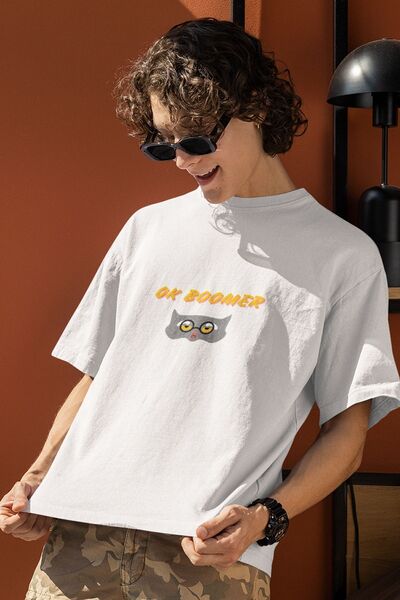 HOFFNUNG تي شيرت أبيض للجنسين مطبوع عليه قطة من OK Boomer