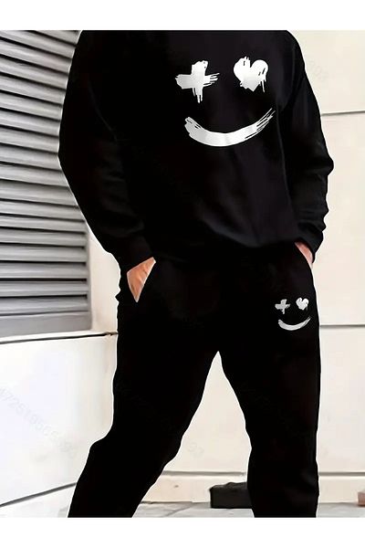 Frisson Smiling Printed Crew Neck Bottom Top Suit Oversize Tracksuit Set