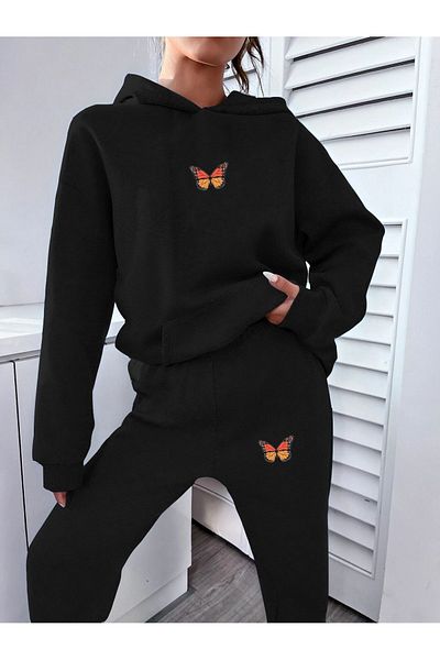 Frisson Butterfly Printed Pink Women's Tracksuit Set - Oversize Hoodie