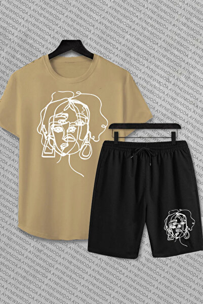 Elfa Tekstil تي شيرت وسروال قصير مطبوع عليه رسم نسائي جمالي طقم علوي وسفلي مك...