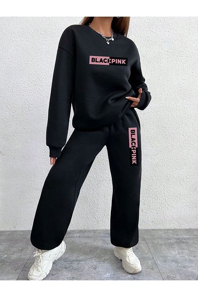 Frisson Pink Printed Black Tracksuit Set - Oversize Hoodie