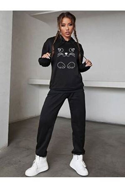 Prekarya design طقم بدلة رياضية مطبوع عليها قطة مطبوع عليها قميص بغطاء للرأس ...