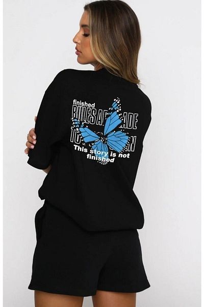 Frisson Women's Oversize BLUE-BUTTERFLY Printed T-shirt Set
