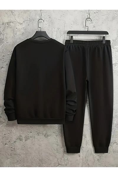 Frisson Black Printed Crew Neck Bottom Top Set Oversize Tracksuit Set