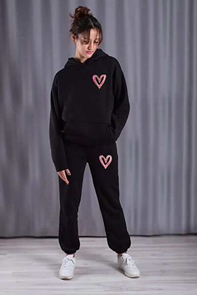 Arwen Fashion Tracksuit Set Pink Heart Printed Set Sweatshirt Hooded