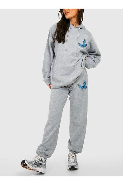 Frisson Butterfly Printed Gray Tracksuit Set