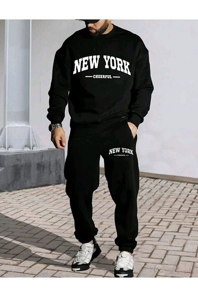Frisson New York Printed Crew Neck Bottom Top Set Oversize Tracksuit Set