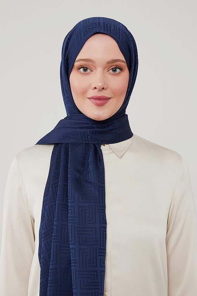 Levidor Labyrinth Patterned Navy Blue Jacquard Shawl - Blue