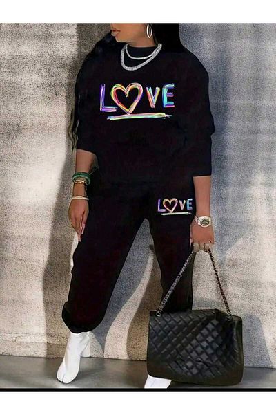 Frisson Love Printed Crew Neck Bottom Top Set Oversize Tracksuit Set