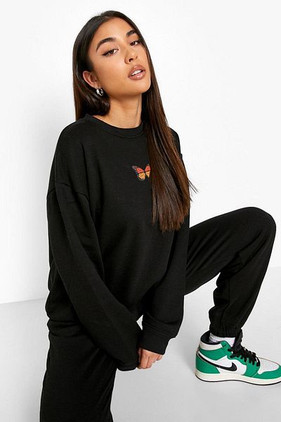 Frisson Women's Pink Butterfly Printed Crew Neck Bottom Top Set Oversize Tracksuit Set