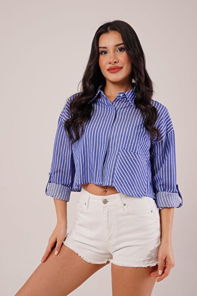 Hipo Trend Crop Model Cepli ve Çizgili Mavi Gömlek