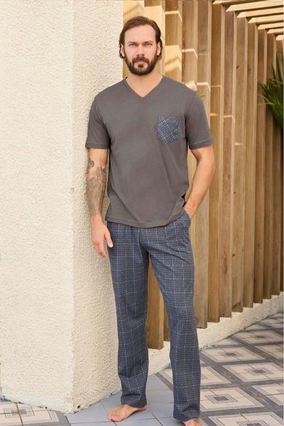 andredimoda Σετ ανδρικών πιτζάμες - Flocking Grey & Green Pattern, 100% Εργοστασιακή Πάνελ