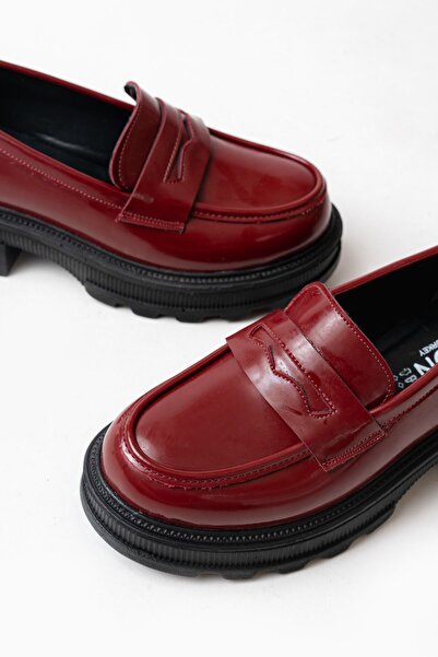 İnfon Ayakkabı Marketi 746-759 Claret Red Patent Leather Daily High-Sole Loafer Shoes