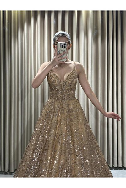 Kaleiçi Yıldızlar Gold İp Askılı Simli ve Taş İşlemeli V Yaka Prenses Sim Bas...