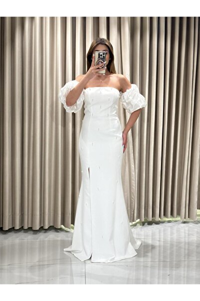 Kaleiçi Yıldızlar Beyaz Straplez Yırtmaç Detaylı Üstü Boncuk Detaylı Abiye El...