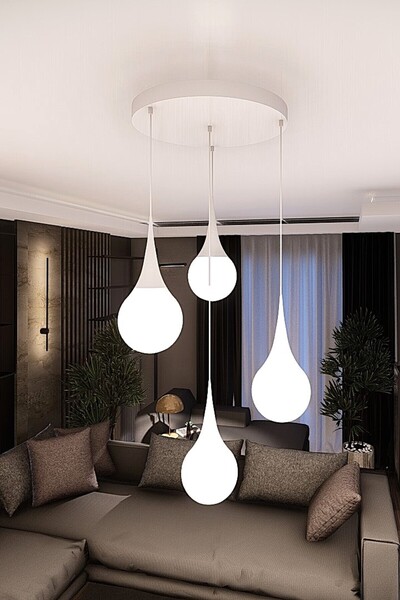 avizade LİORA Modern Beyaz Metal Avize - Beyaz Cam, 4'lü Sarkıt, E27 Duy, Dekoratif Aydınlatma