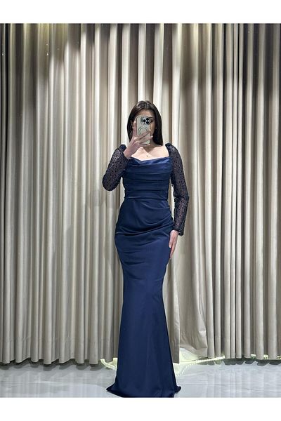 Kaleiçi Yıldızlar Sequin Embroidered Cape Detail Long Sleeve Evening Dress 8140