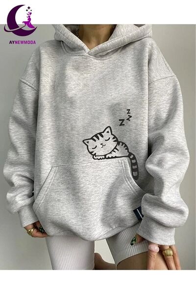 Genel Markalar Cep üstünde kedi baskılı kapüşönlü Sweatshirt