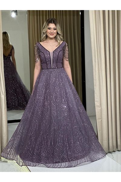 Kaleiçi Yıldızlar Silvery Jewelled Helen Cut New Season Evening Dress APN1025