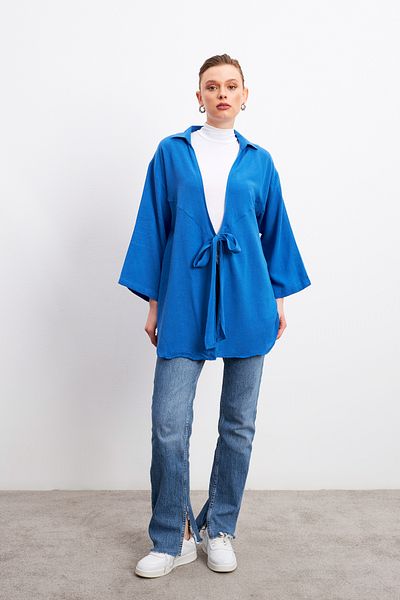 Yefrastore Cămașă kimono de in Blue Flam