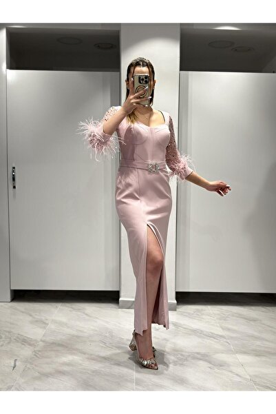 Kaleiçi Yıldızlar Pudra Önü Taş Kemer Detaylı Yırtmaçlı Uzun Trasnparan Kollu Abiye Elbise EN5260