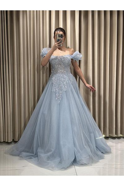 Kaleiçi Yıldızlar Baby Blue Front Stone Embroidered Princess Tulle Back Lacing Evening Dress Vs4007