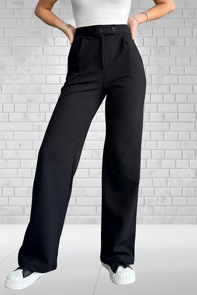NO979 Women's Black High Waist Crepe Fabric Lycra Relaxed Fit Double Button Palazzo Pants