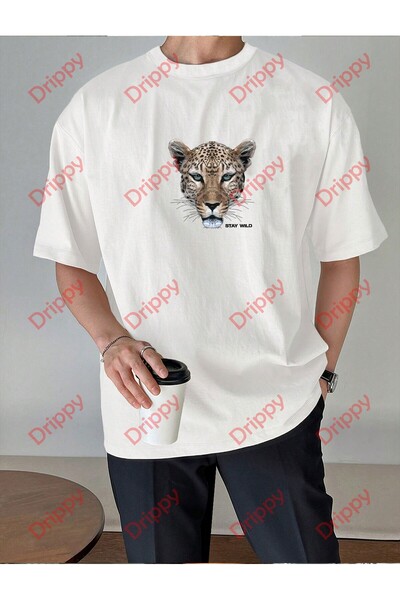 Drippy Leopard Stay Wild Štampano Oversize kroj Unisex periva majica bela