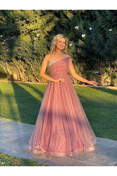 Kaleiçi Yıldızlar Lavanta Straplez Sivri Yaka Tek Göğsü Taşlı Kemerli Simli T...