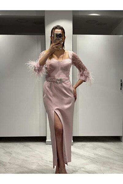 Kaleiçi Yıldızlar Pudra Önü Taş Kemer Detaylı Yırtmaçlı Uzun Trasnparan Kollu Abiye Elbise EN5260