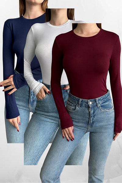 macharel jeans Μπλε-Λευκό-Βουργουνδία 3 τεμαχίων με λαιμόκοψη Basic μακρυμάνικο σώμα