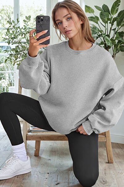 HOFFNUNG Kadın Gri Melanj Basic 0 Sıfır Yaka Baskısız Düz Oversize Salaş Bol ...