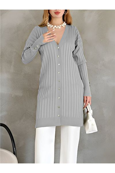 Modamorfo Metal Buttoned Slit Sweater Cardigan - Gray
