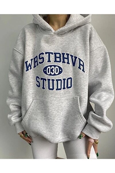 HOFFNUNG Hanorac unisex cu glugă cu imprimeu gri unisex