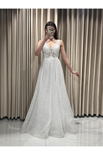 Kaleiçi Yıldızlar Beyaz Kalın Askılı Simli Etek Üstü Güpürlü Kiloş Uzun Yeni Sezon Abiye Elbise Le627 627