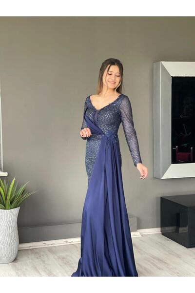 Kaleiçi Yıldızlar Lacivert Uzun Kol Pileli Uzun Yeni Sezon Abiye Elbise My4231 4231